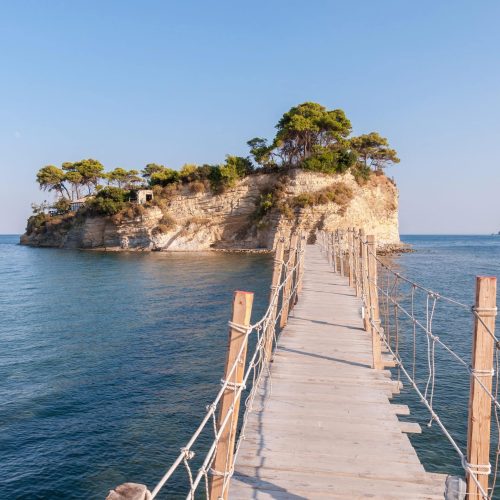 Hanging wooden bridge to Cameo Island, Zakynthos, Greece