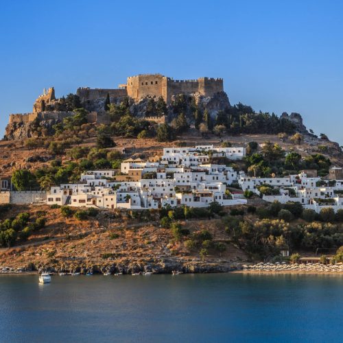 Lindos with the castle above on the Greek Island of Rhodes