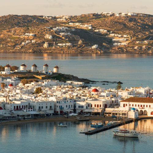 Views of the port of Hora from a hill on the Greek Island of Mykonos