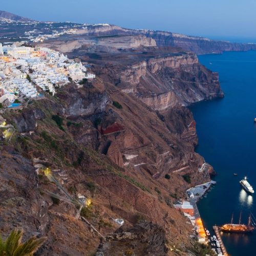 View of Fira at sunset on Santorini island, Greece.